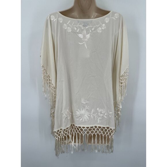 French Connection Embroider Kimono Top Fringe Cream Oversized BOHO Hippie S 4 - Picture 3 of 6